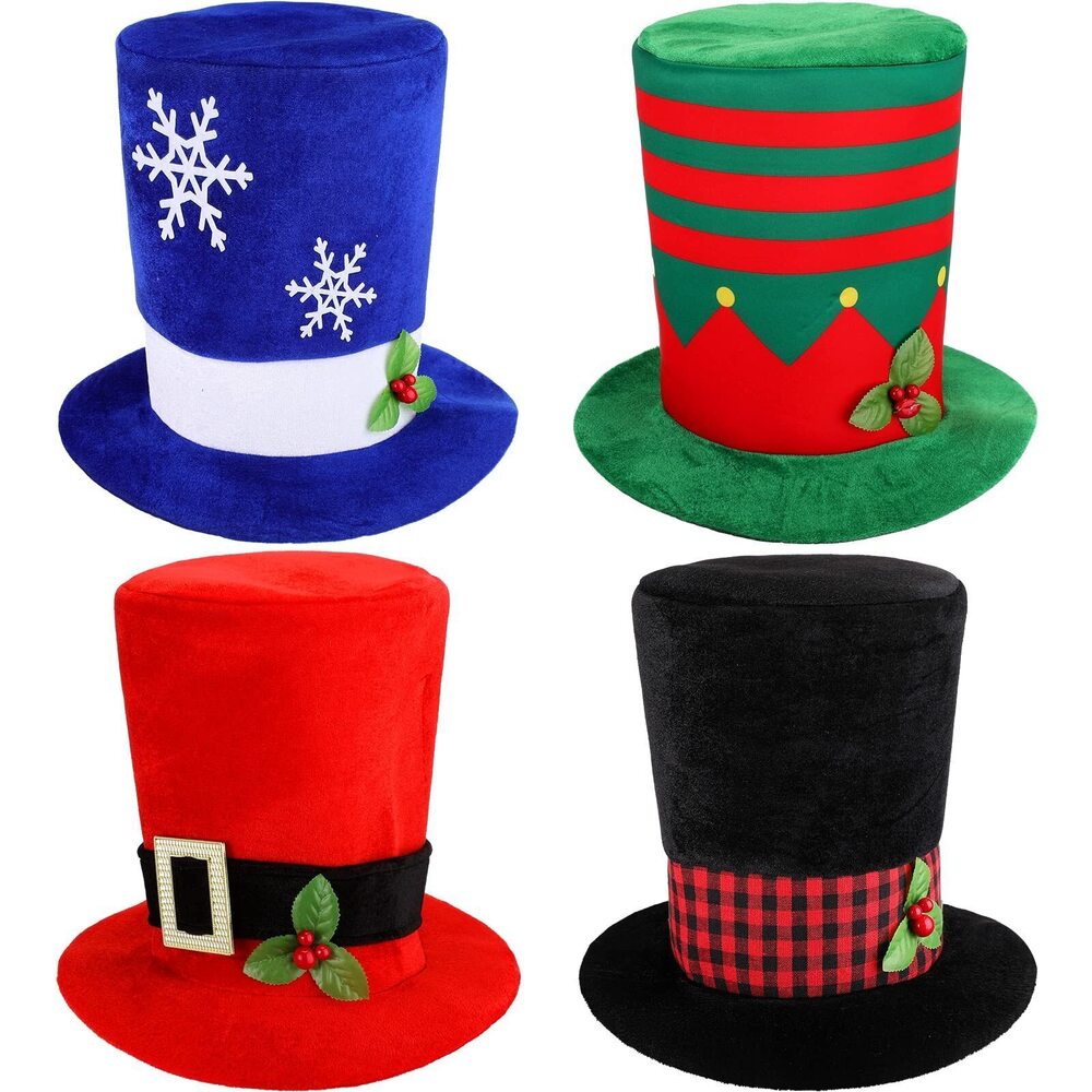 6115 4 Pcs Christmas Top Hat with Plaid Band Holly Berries Black Top Hat